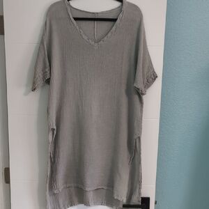 Made In Italy Gray V-Neck Linen Blend Women's Tunic Top Side Slits Sz M/L Modest